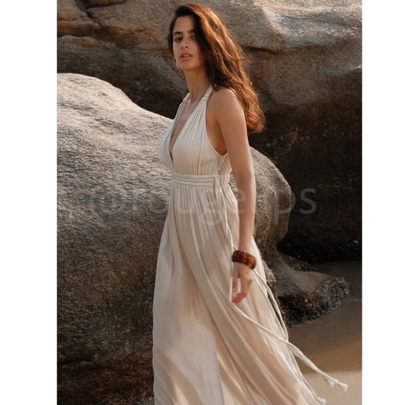 Beige Cream Viscose Greek Goddess Jumpsuit V-Neck Braided Straps Ties - Picture 5 of 14